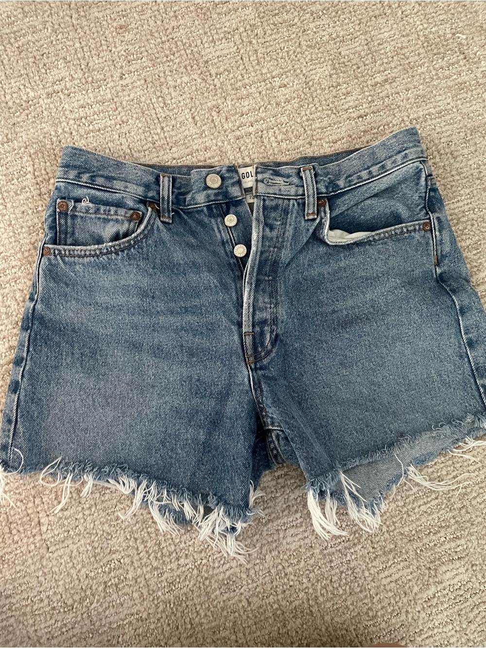 Agolde Blue Frayed Hem High-Rise Denim Shorts